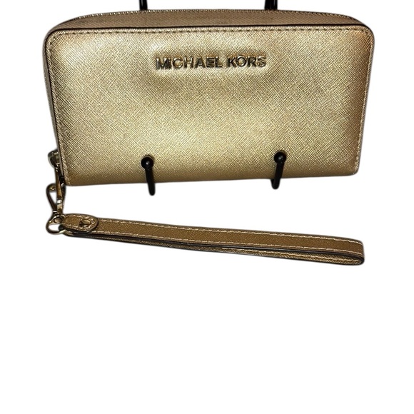 Michael Kors Gold Saffiano Leather Zip Wristlet Wallet Clutch